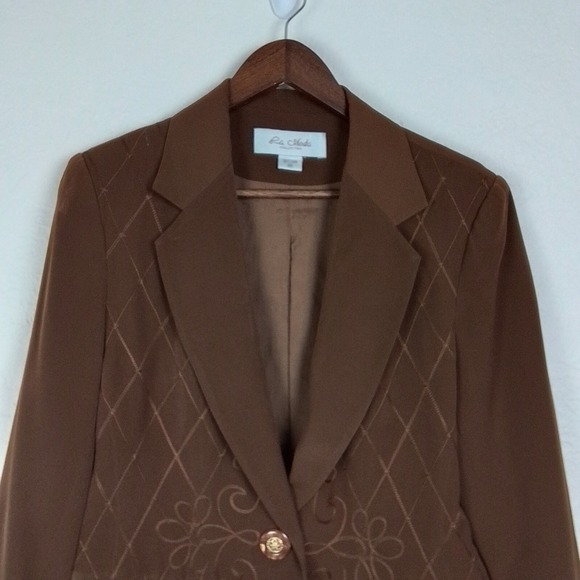 La Moda Womens Blazer 10 Brown Embroider Button Front Single Breast Notch Lapel - Picture 2 of 13